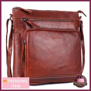 Extra Large Genuine Leather Crossbody Bag with Triple Zip Compartments